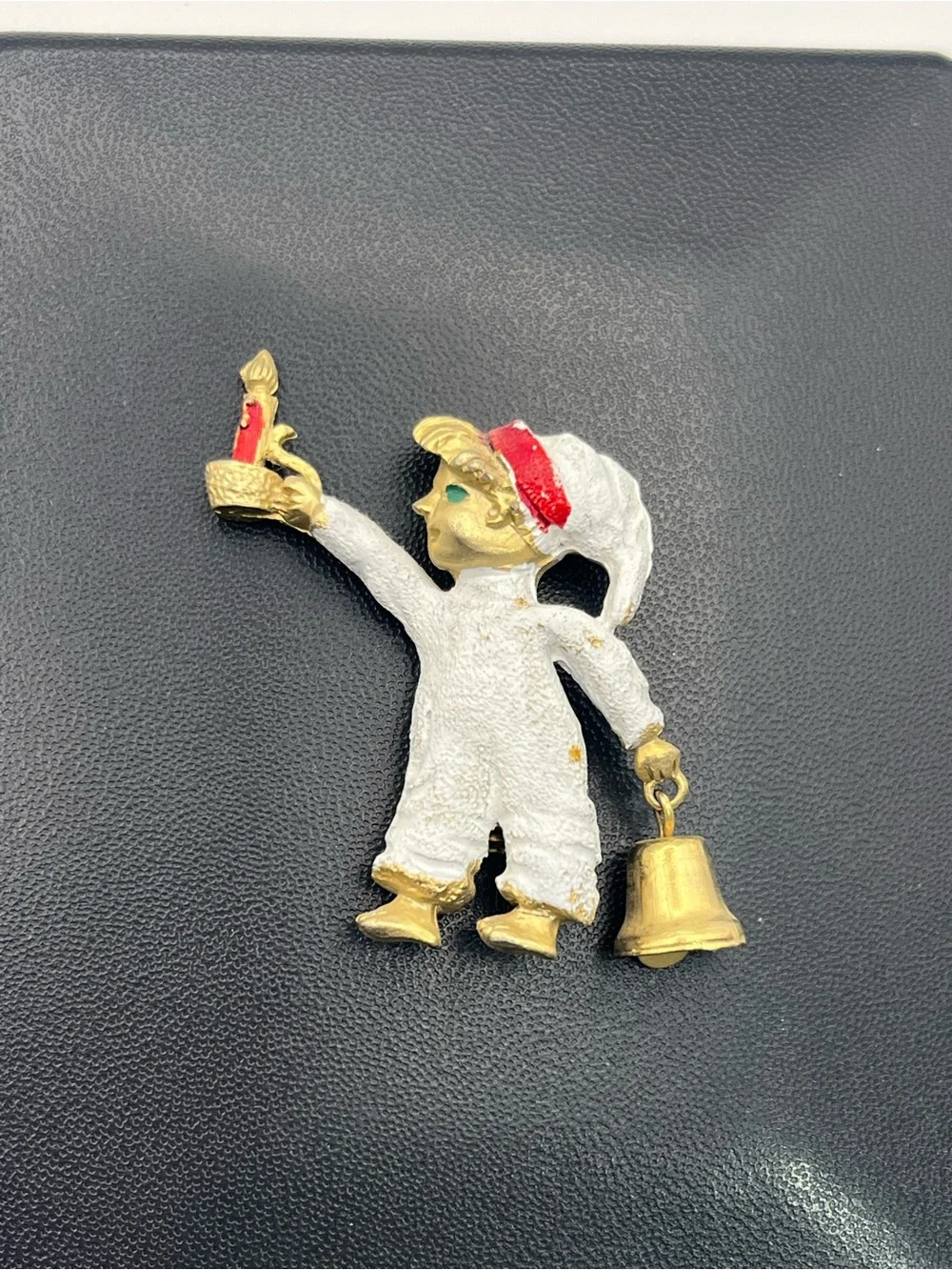 Christmas figural child carrying candle & bell enamel gold tone brooch pin